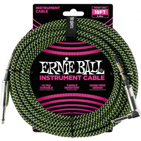 Ernie Ball - Câble instrument Jack/jack coudé - 5,5m noir et vert