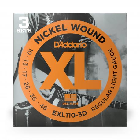 D'Addario Cordes nickel pour guitare électrique D'Addario EXL110-3D, Regular Light, 10-46, 3 Jeux