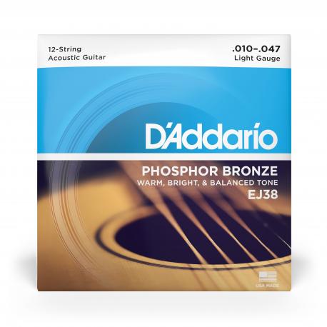 D'Addario Cordes en bronze phosphoreux pour guitare acoustique 12 cordes D'Addario EJ38, Light, 10-47