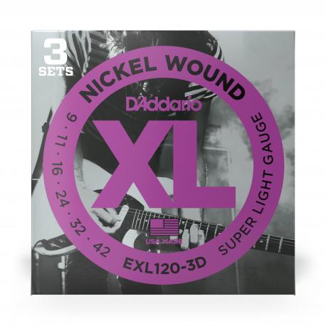 D'Addario - Cordes en nickel pour guitare électrique D'Addario EXL120-3D, Super Light, 9-42, 3 Jeux