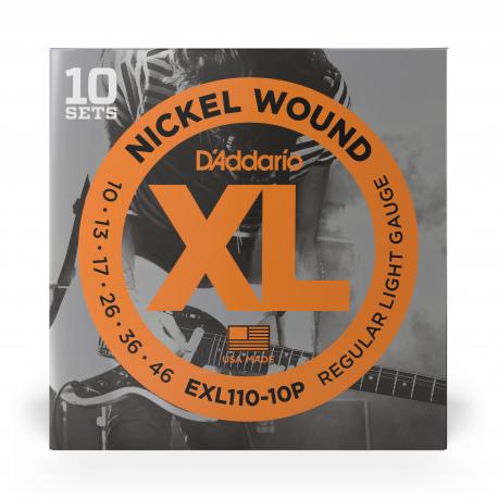 D'Addario EXL110-10P XL Nickel Wound Jeu de cordes pour guitare électrique Tirant Regular Light (.010-.046) 10 Jeux