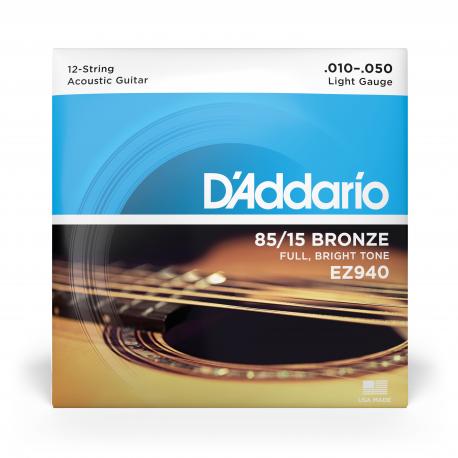 D'Addario Cordes en bronze pour guitare acoustique 12 cordes D'Addario EZ940, 85/15, Light, 10-47