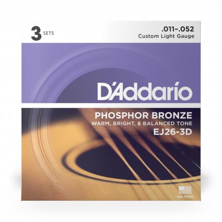D'Addario Cordes en Bronze Phosphoreux pour Guitare Acoustique avec Revêtement D'Addario EJ26-3D Custom Light 11-52 3-Jeux