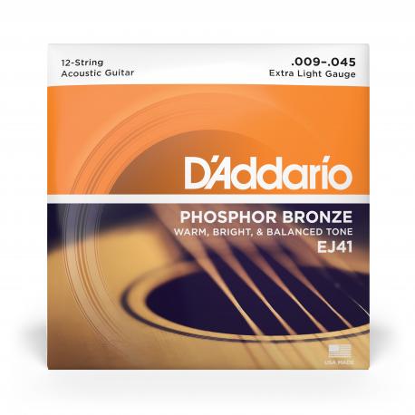 D'Addario Cordes en bronze phosphoreux pour guitare acoustique 12 cordes D'Addario EJ41, Extra Light, 9-45